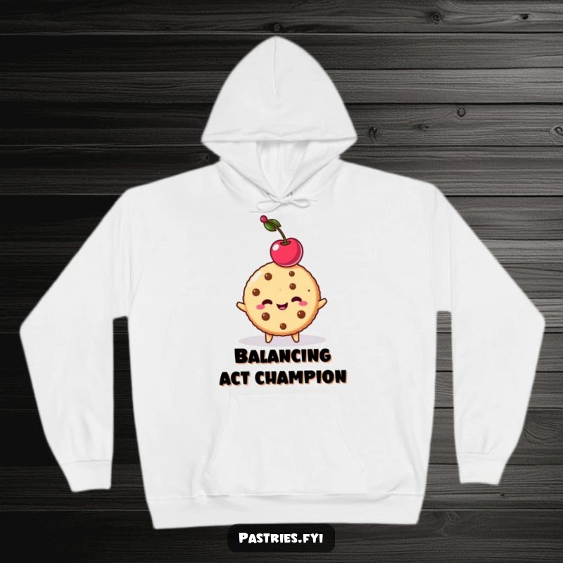Funny cookie character balancing a cherry on its head, depicted on a cozy hoodie. Perfect for cool weather fun.