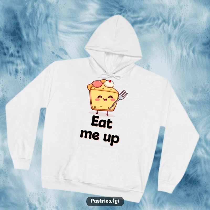 Funny pie slice character hoodie, giggling merrily despite a fork stuck in its side, a warm and humorous apparel choice.