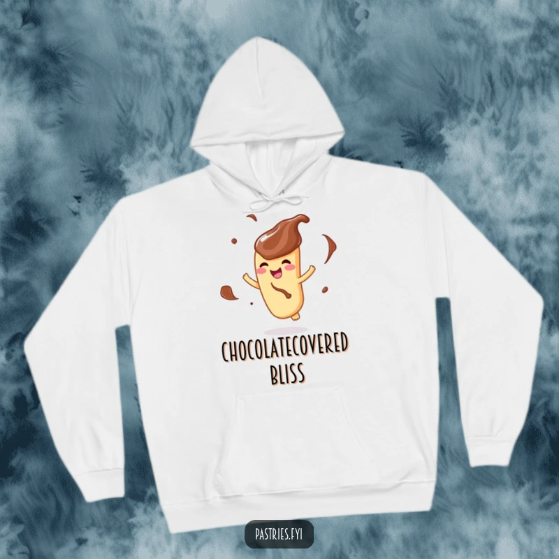 Funny hoodie depicting a delighted churro character, covered in chocolate, joyfully twirling in a celebratory dance.