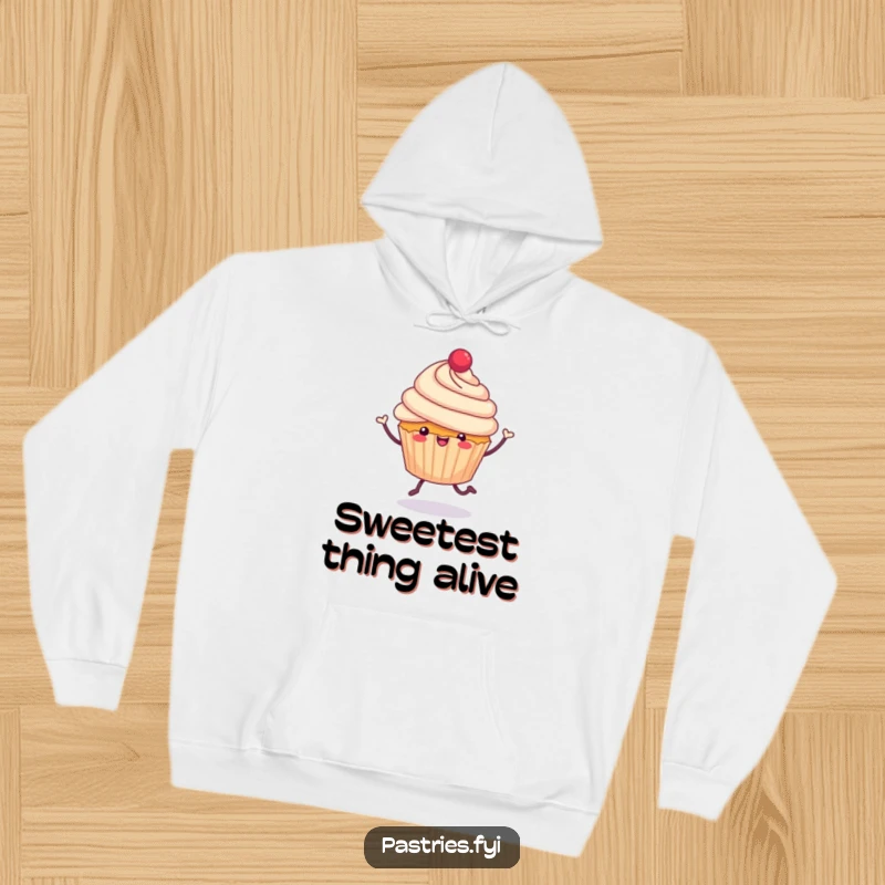 Funny cheerful cupcake with tiny legs, jubilantly hopping on a hoodie, offering sweet comfort and playful humor, an excellent funny gift.