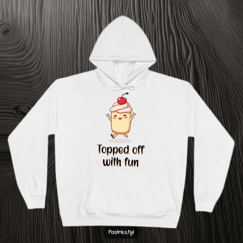 Funny hoodie showing a joyful pastry character dancing with a cherry on top, a comfortable and humorous gift for dessert lovers.