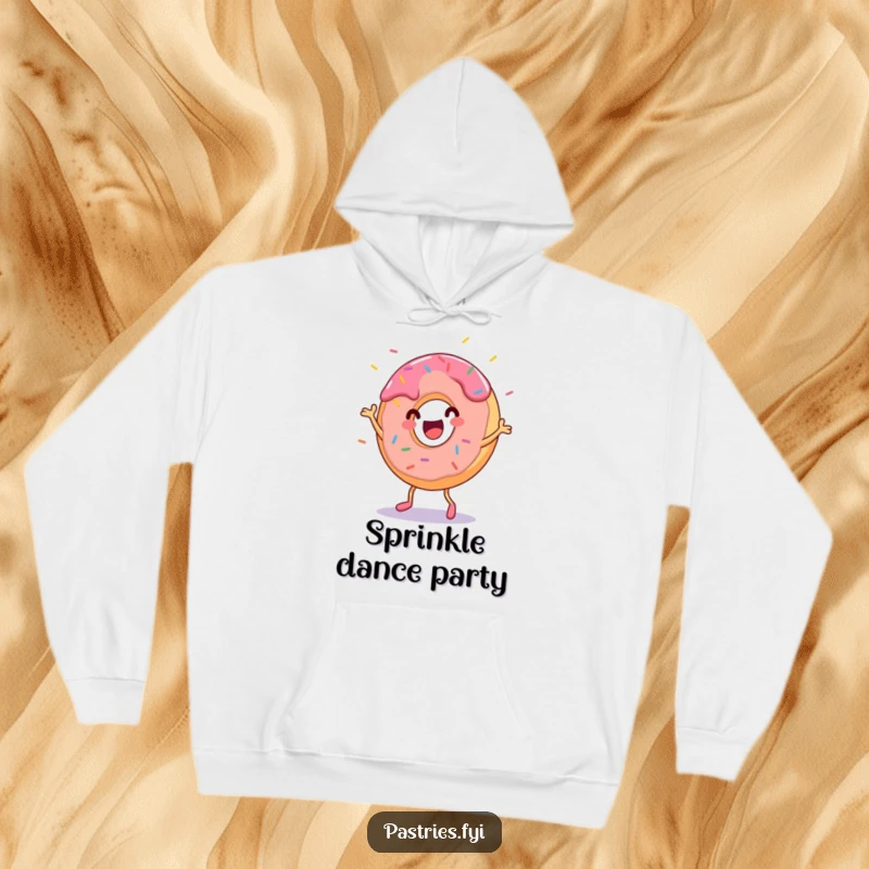 Funny donut character dancing with sprinkles flying, depicted on a soft hoodie. Perfect for staying warm and cheerful.