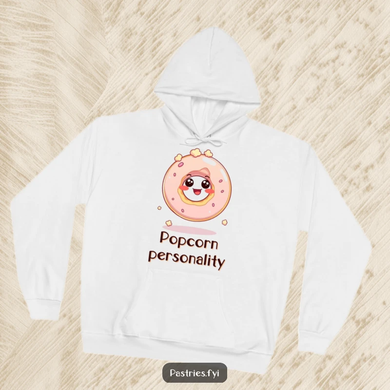 Funny hoodie featuring a giggling donut hole character bouncing like popcorn, perfect for cozy days and cheerful vibes.