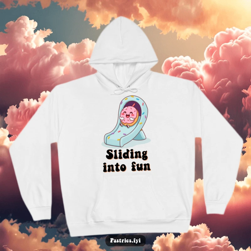 Funny hoodie with a cute donut character laughing gleefully while on a thrilling slide down a path of colorful sprinkles.