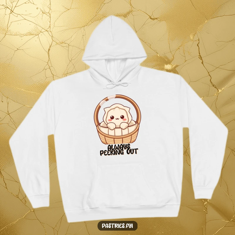 Funny dumpling hoodie with a Kawaii character peeking curiously from a steaming basket, offering cozy mystery.