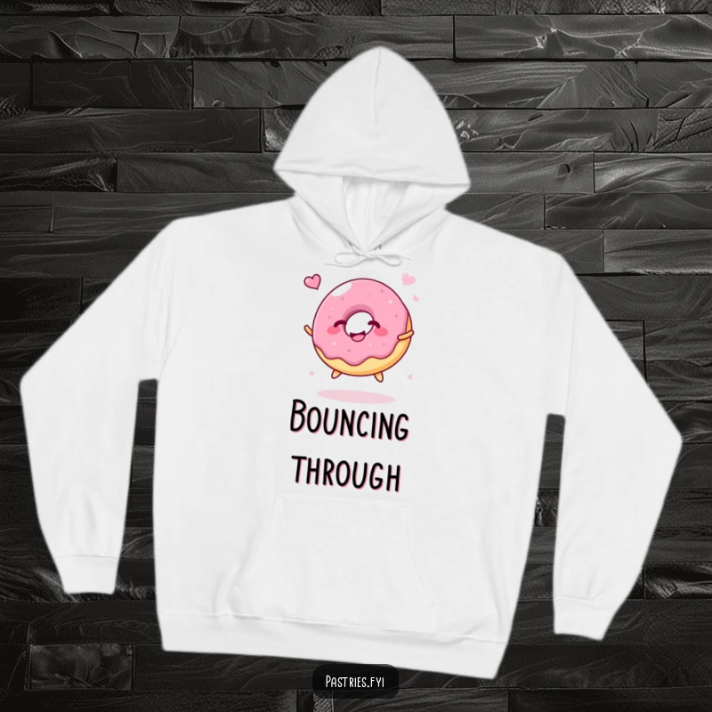 Funny Hoodie: A giggling jelly donut character happily bouncing like a ball, radiating warmth and infectious joy.