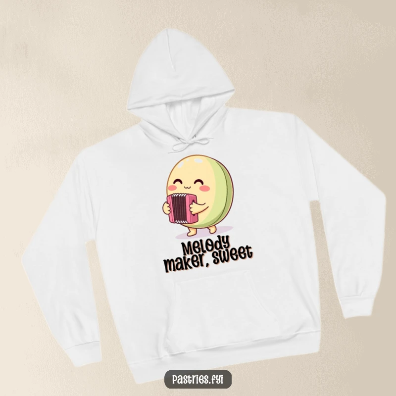 Funny Hoodie depicting a round macaron character enthusiastically playing a tiny accordion, offering warmth and a delightful, musical theme for casual wear.