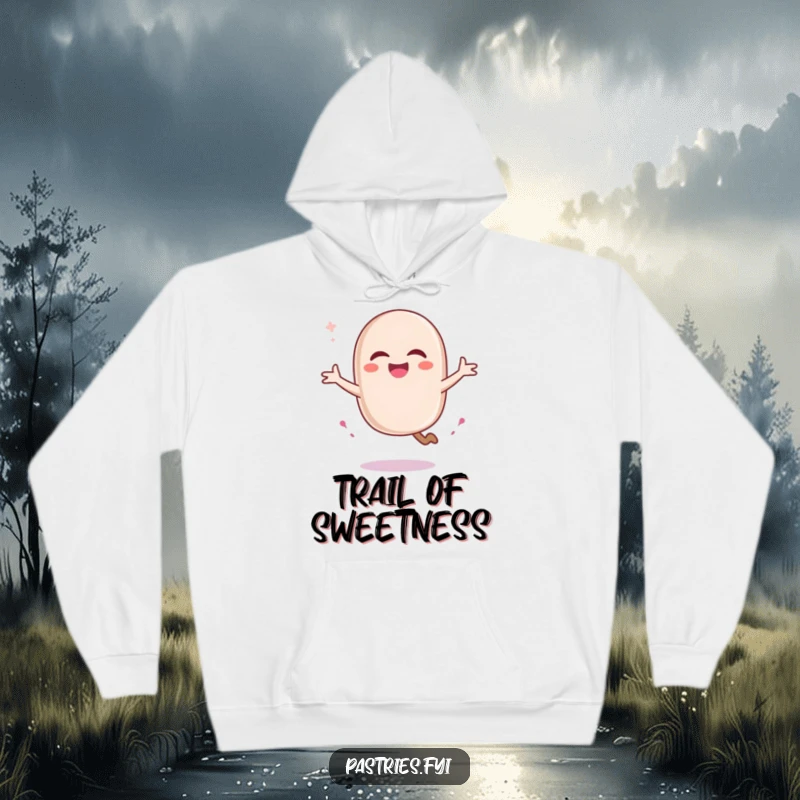 Funny macaron doing a pirouette with a sugary trail, depicted on a soft hoodie. Perfect for cozy, stylish moments.
