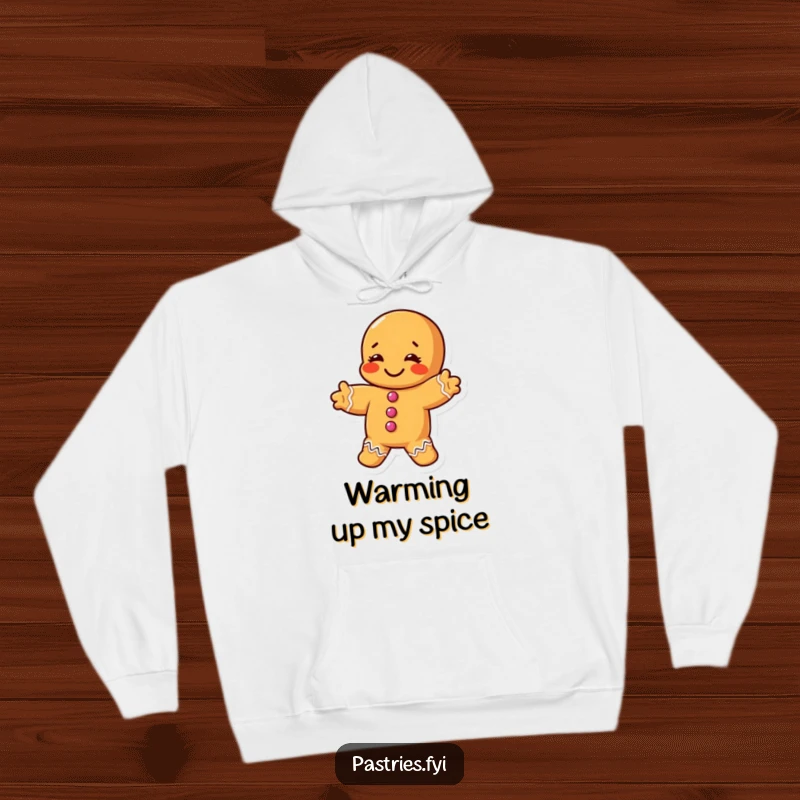 Funny hoodie with a chubby gingerbread man character in a silly, exaggerated stretch, offering cozy comfort and humor.