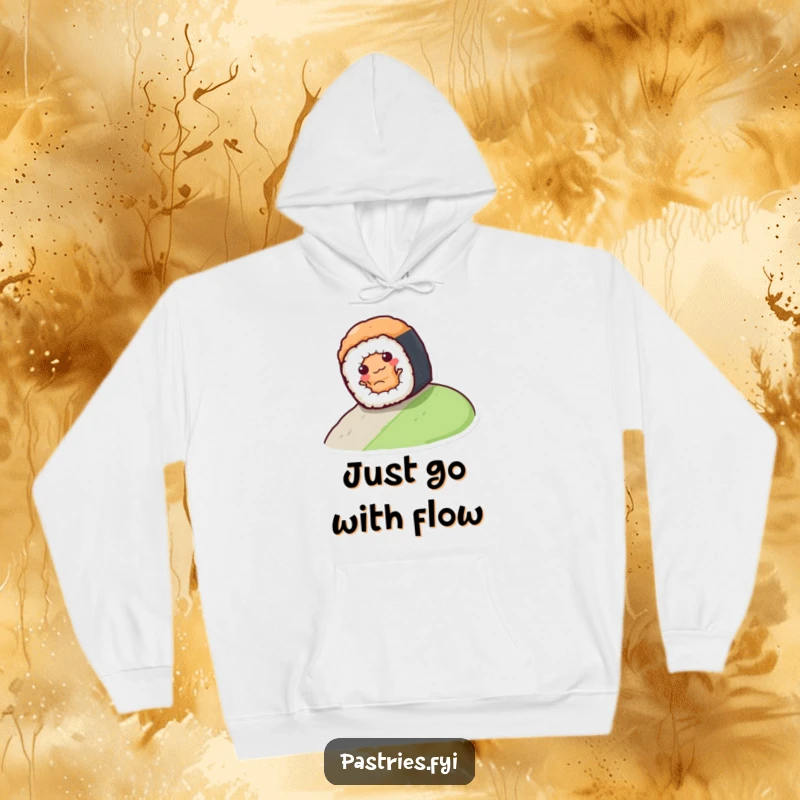 Funny sushi roll character merrily rolling down a hill, featured on a warm and cozy hoodie, ready for adventure.