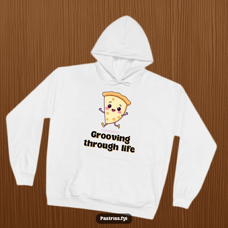 Funny Hoodie: A cheerful pie slice character elegantly moonwalking, bringing retro fun and warmth.
