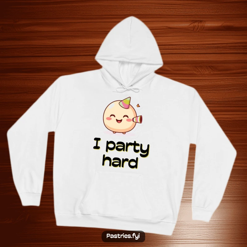 Funny Hoodie depicting a giggling macaroon with a broad grin, enthusiastically blowing a tiny party horn.