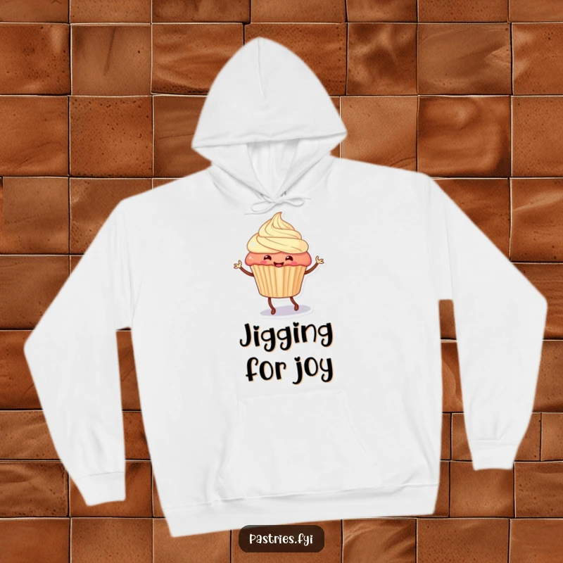Funny cupcake character with legs doing a joyful jig, captured on a soft, cozy hoodie for ultimate comfort and humor.