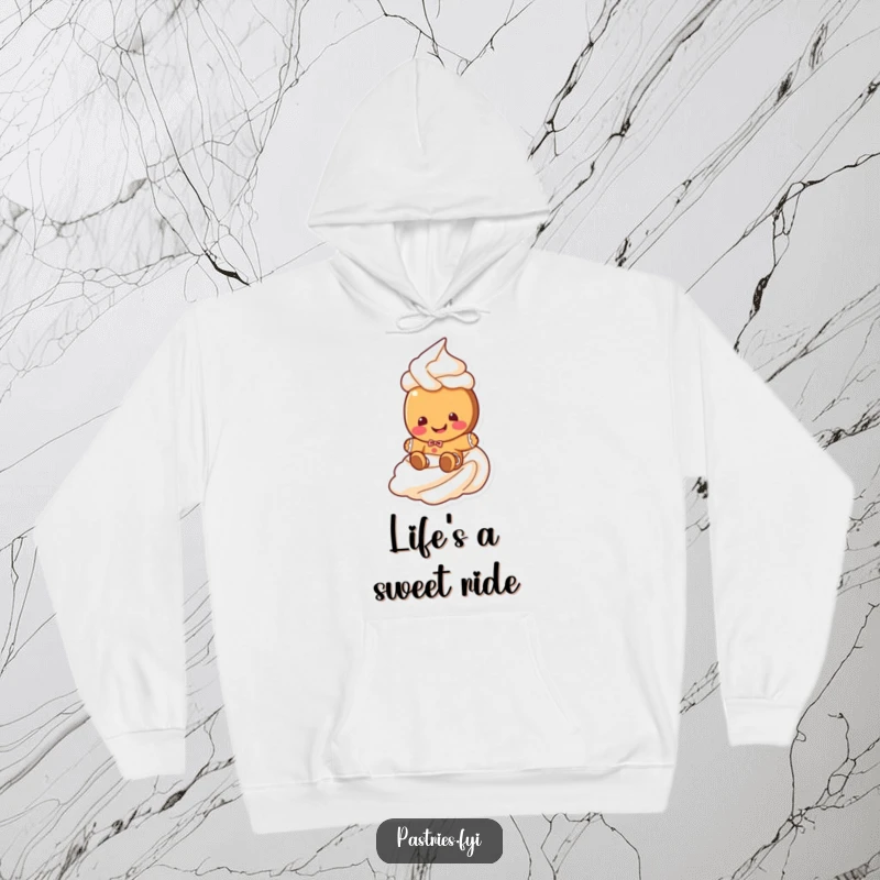 Funny gingerbread cookie hoodie showing a giggling cookie character sliding down a vibrant frosting swirl, perfect for cozy holiday wear.