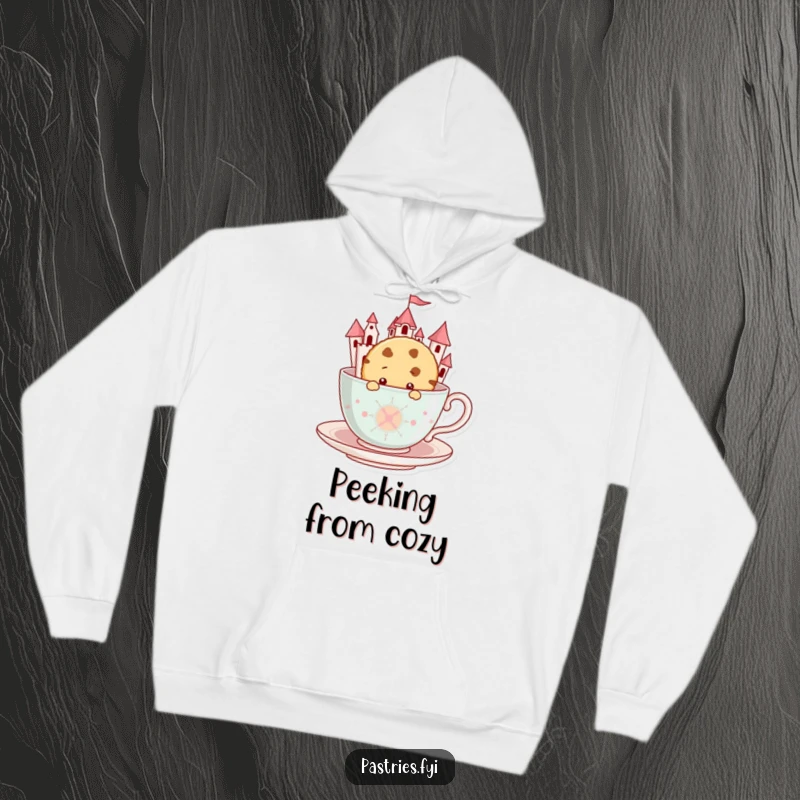 Funny Cookie Hoodie: A warm hoodie depicting a curious cookie peeking out from a grand teacup castle.