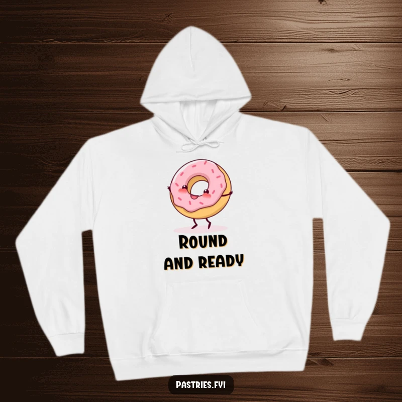 Funny Hoodie depicting a delighted donut with tiny legs executing a joyful cartwheel.