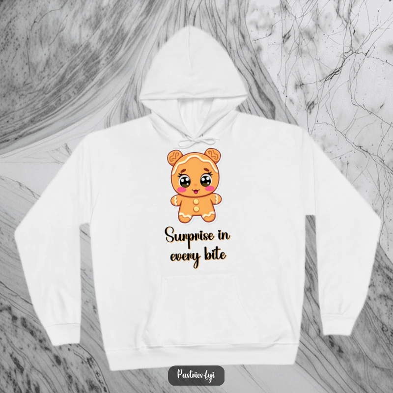 Funny hoodie featuring a surprised gingerbread cookie character with icing eyes wide, perfect for those who love a good chuckle.
