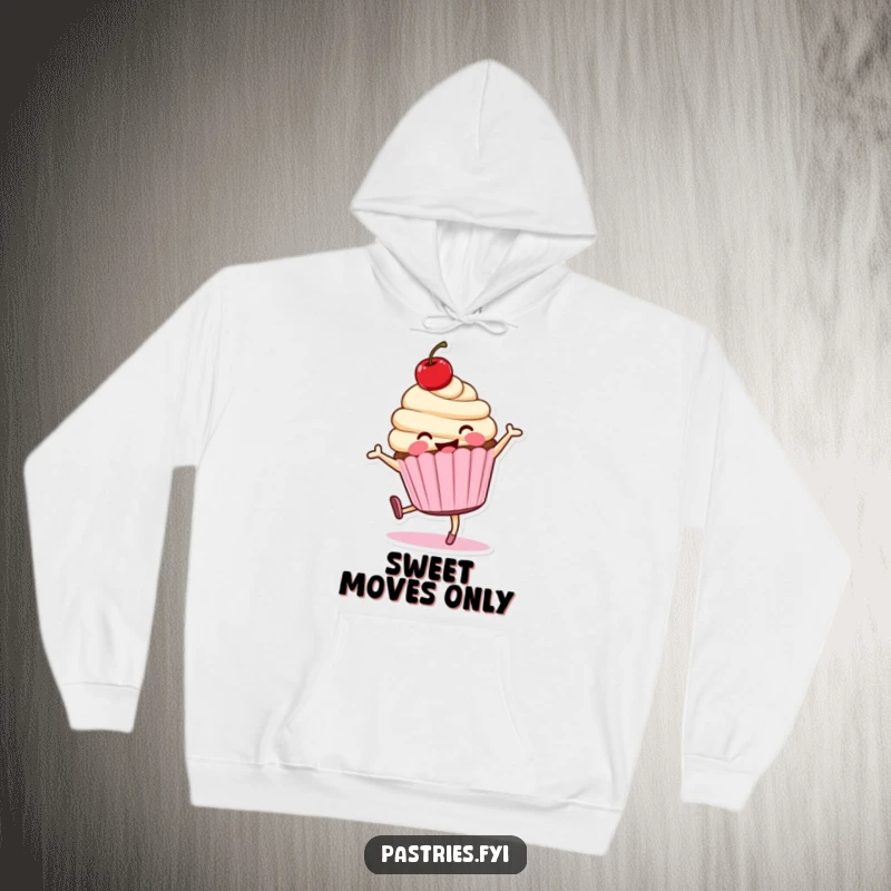 Funny cartwheeling cupcake character hoodie, smiling with a cherry, offering warmth and playful energy.