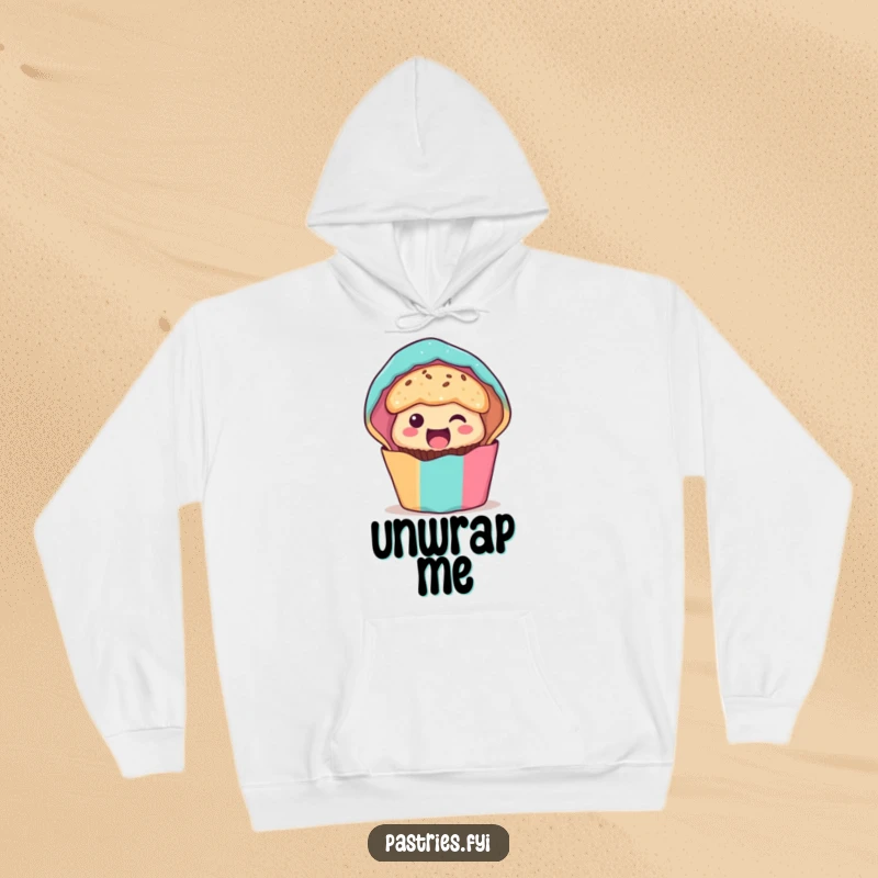 Funny muffin character hoodie, peeking out from a colorful case with excitement, offering cozy warmth and cheerful vibes.