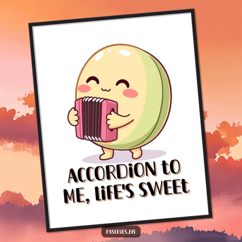 Funny Free Printable Macaron Wall Art: A round macaron character enthusiastically playing a tiny accordion.