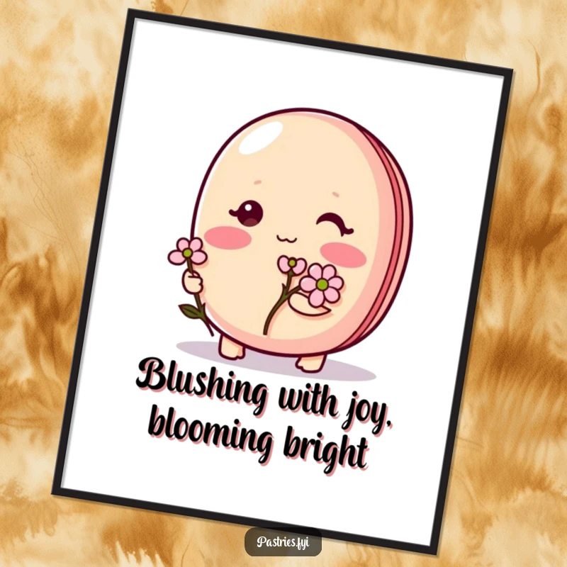 Funny Free Printable Wall Art featuring a shy macaron character blushing adorably while holding a tiny flower, charming decor.