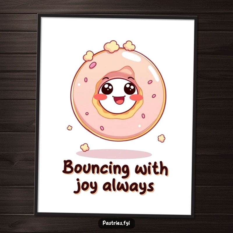 Funny free printable wall art of a giggling donut hole character captured mid-bounce, mimicking the energetic movement of popcorn popping.