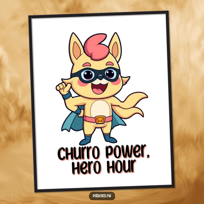 Funny Free Printable Wall Art: A delighted churro striking a powerful superhero pose, inspiring and amusing.