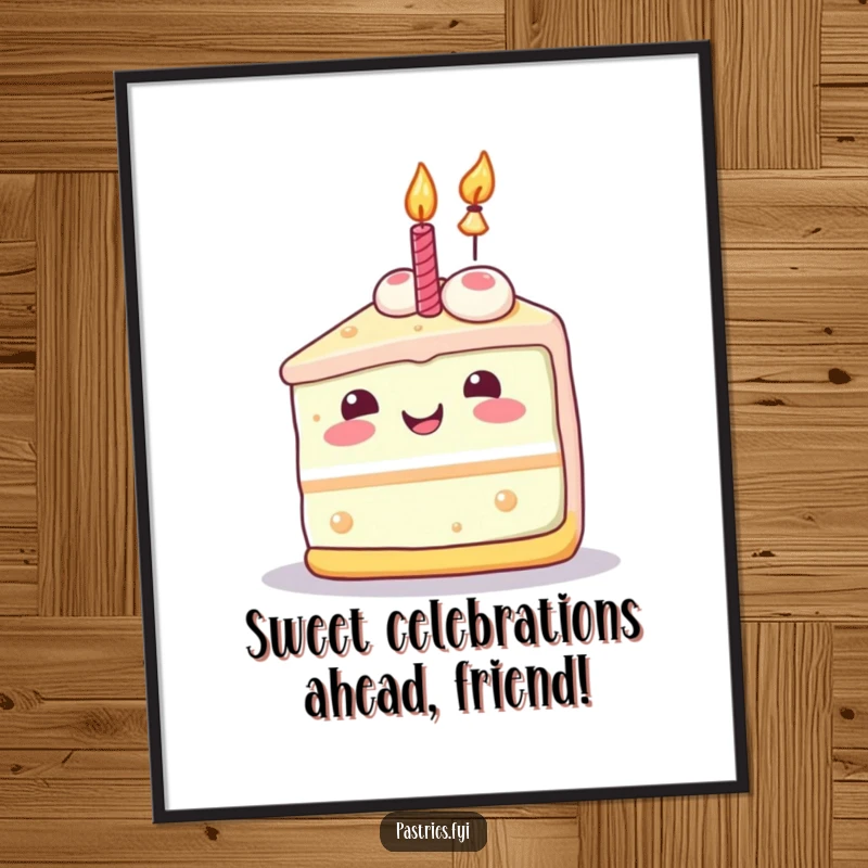 Joyful Free Printable Wall Art: A Kawaii slice of cake gleams with a lit candle, radiating happiness and sweet charm.