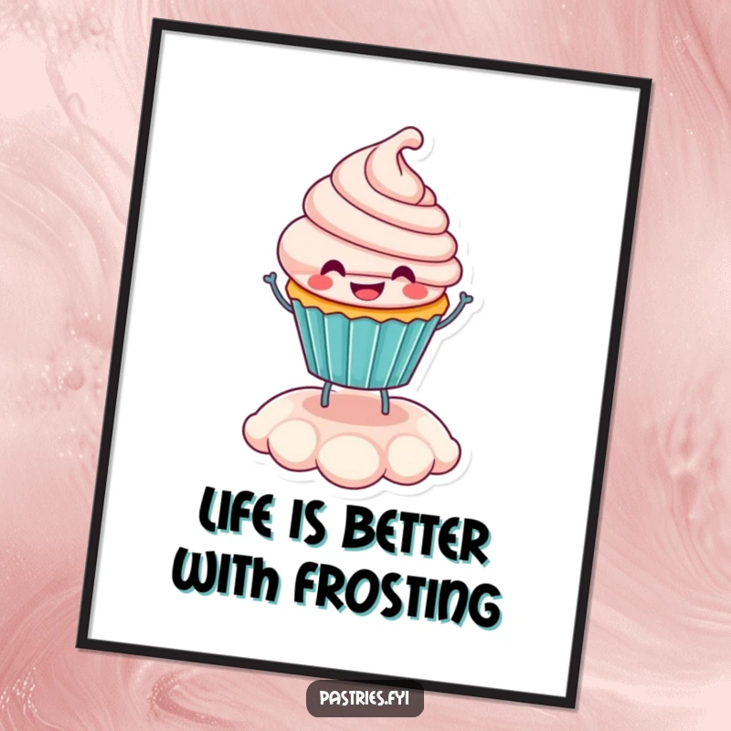 Free Printable Wall Art of a smiling cupcake character happily bouncing on its colorful frosting, bringing cheerful energy to any room.