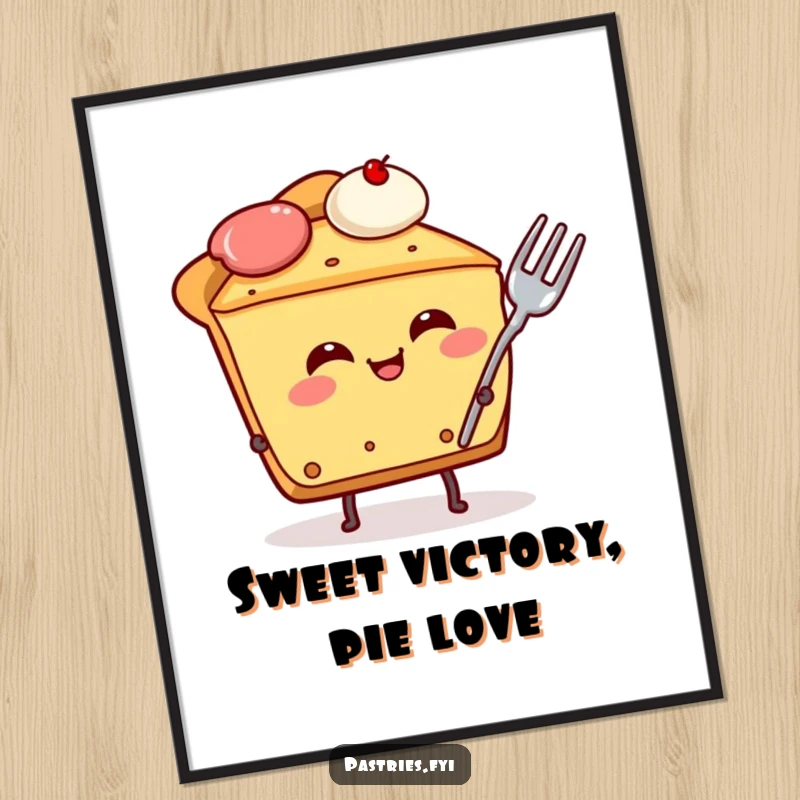 Funny Free Printable Wall Art: Giggling slice of pie character, fork stuck in side, looking delightfully silly.