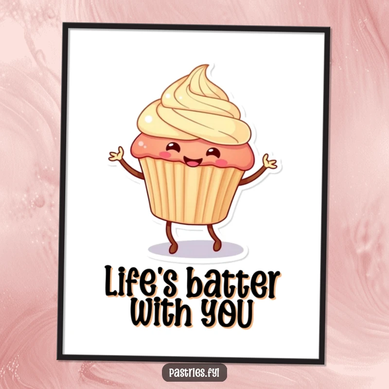 Funny Free Printable Wall Art: A smiling cupcake character with legs doing a lively jig, bringing energetic and humorous decor.