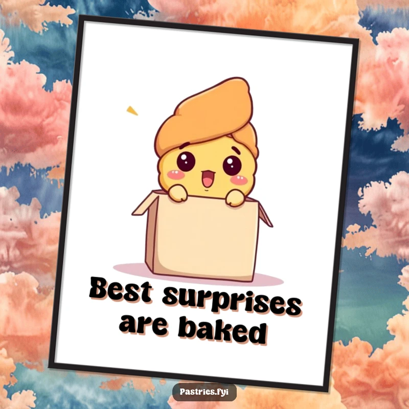 Funny free printable wall art: a comical croissant character bursts out of a box with a look of utter surprise.