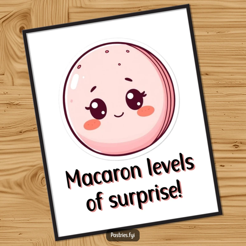 Funny Free Printable Wall Art showcases a macaron character with comically large eyes and flushed cheeks, reacting with surprise.