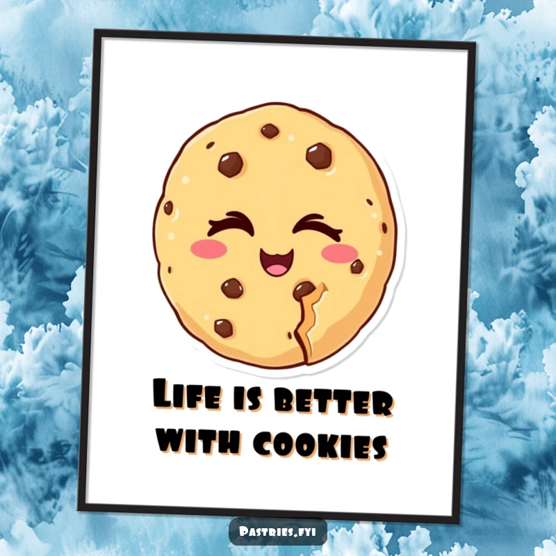 Funny free printable wall art: a cookie character with a bite taken out winks mischievously, adding quirky charm.