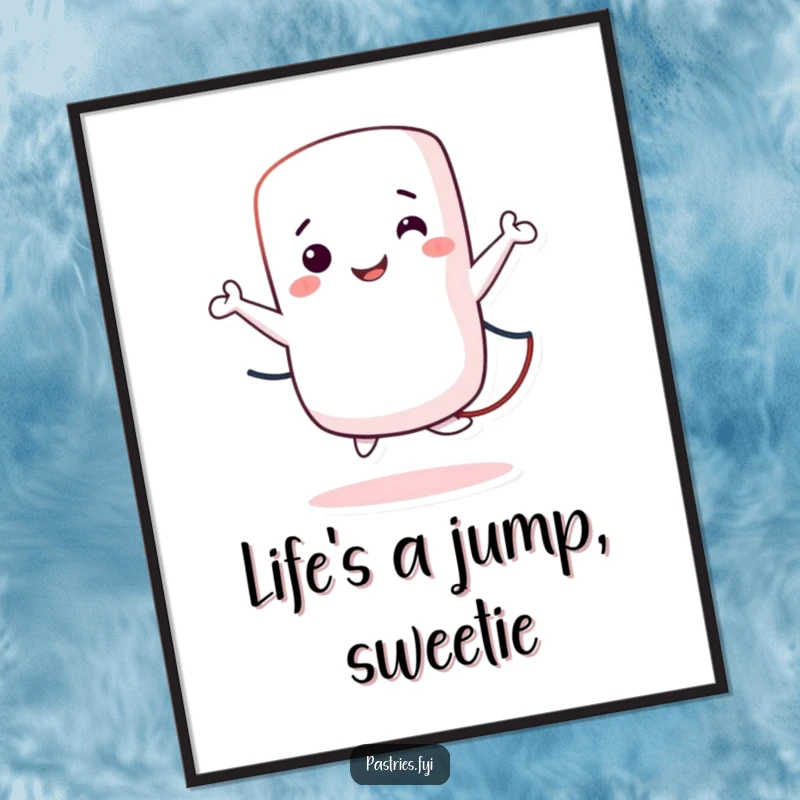 Funny Free Printable Wall Art: A smiling marshmallow character energetically jumping rope, radiating pure joy.