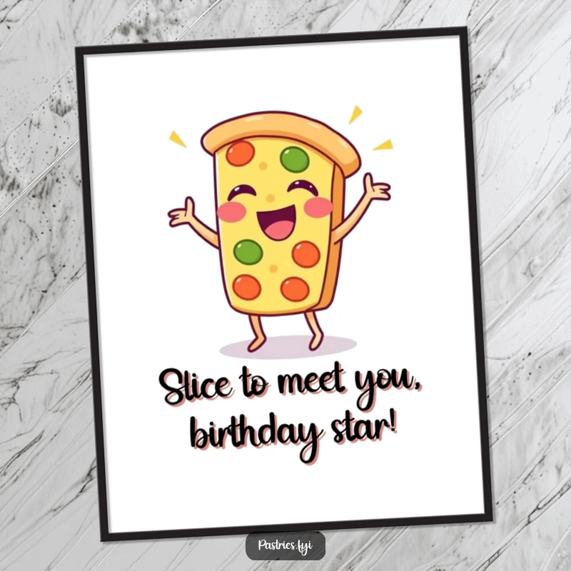 Funny Free Printable Wall Art: A laughing Kawaii pizza slice in a hilarious, energetic dance pose, bringing joy to any room.