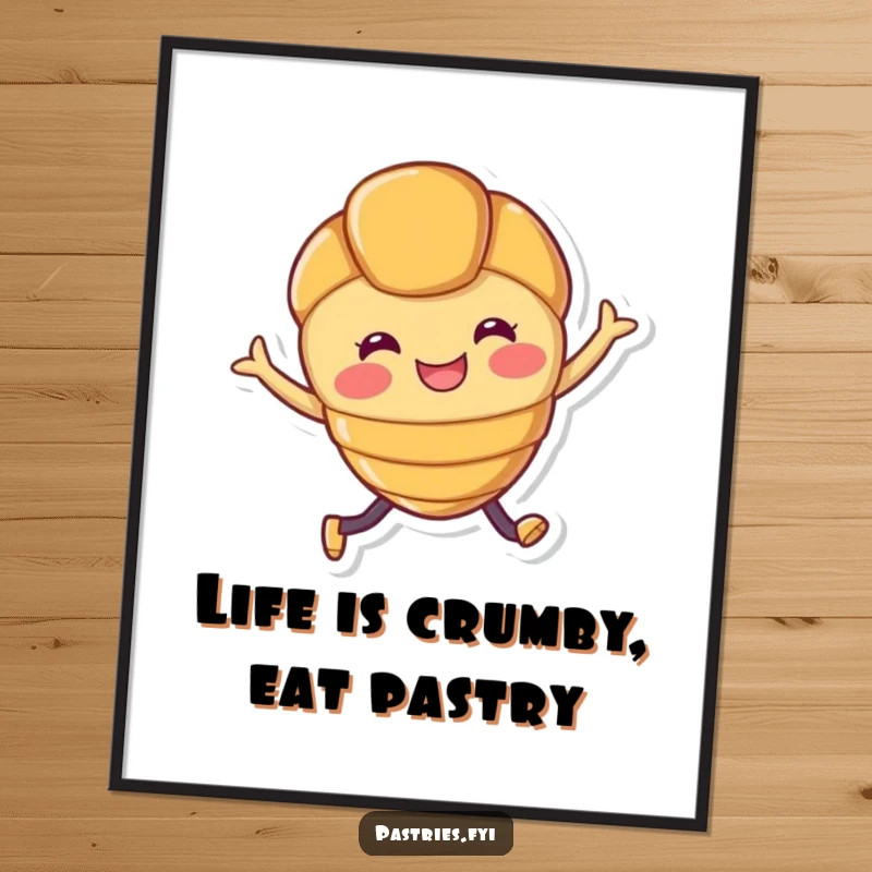 Funny Free Printable Wall Art of a smiling croissant character with legs joyfully leaping with excitement.