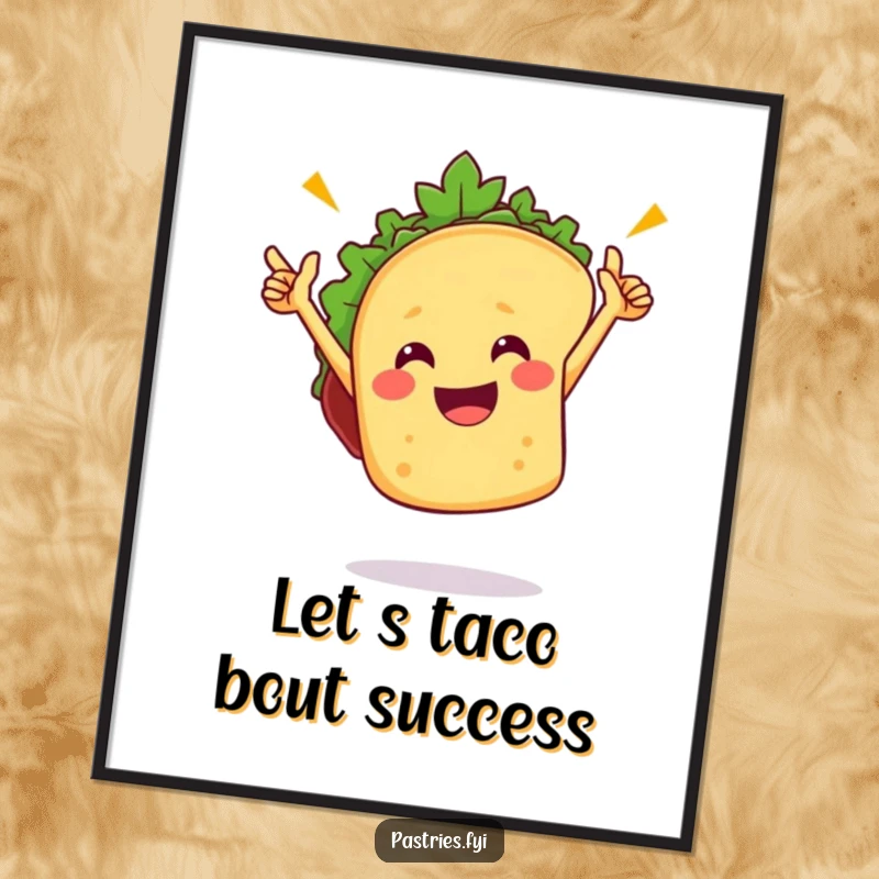 Funny Free Printable Taco Wall Art: Energetic taco character performing a joyful victory dance, full of personality.
