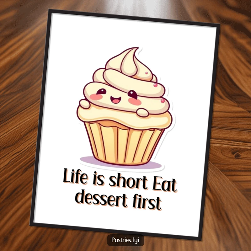 Funny free printable wall art: a cute cupcake character with a wide grin slides gleefully down a mound of frosting.