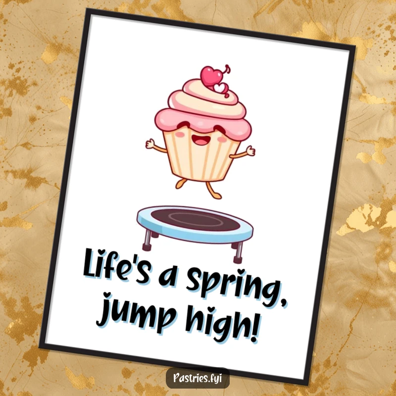 Funny Free Printable Wall Art: A cupcake character bounces gleefully on a springy trampoline, bringing joy to any room.