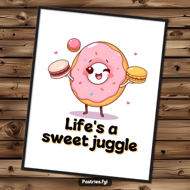 Funny free printable wall art of a winking donut character playfully juggling three colorful macarons, adding a cheerful touch.
