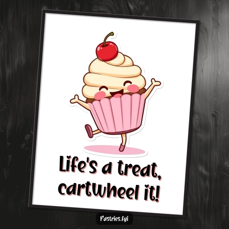 Funny Free Printable Wall Art: A smiling cupcake character with a cherry on top performing a cartwheel, adding playful energy and sweet humor.
