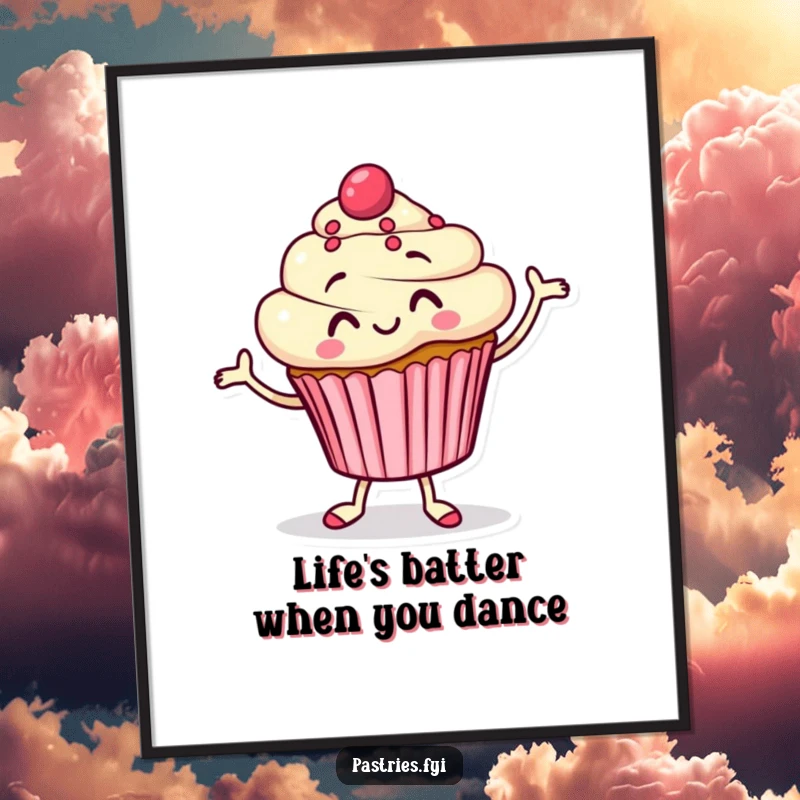 Funny Free Printable Wall Art: A smiling cupcake character doing a silly jig, bringing a burst of joy.
