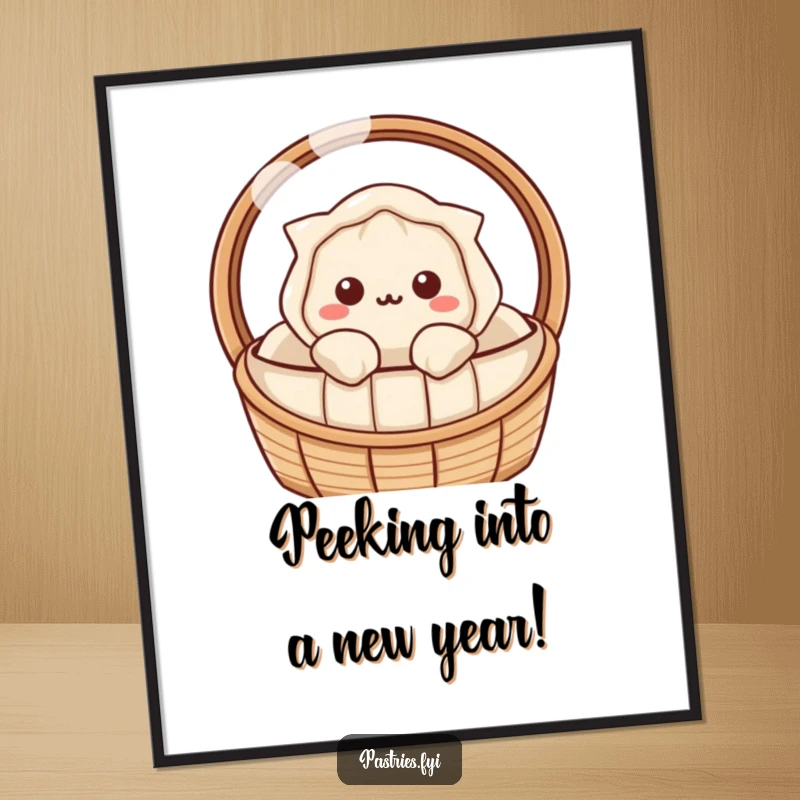 Cute Free Printable Wall Art: A Kawaii dumpling curiously peeking from a steaming basket, creating a cozy and inviting vibe.