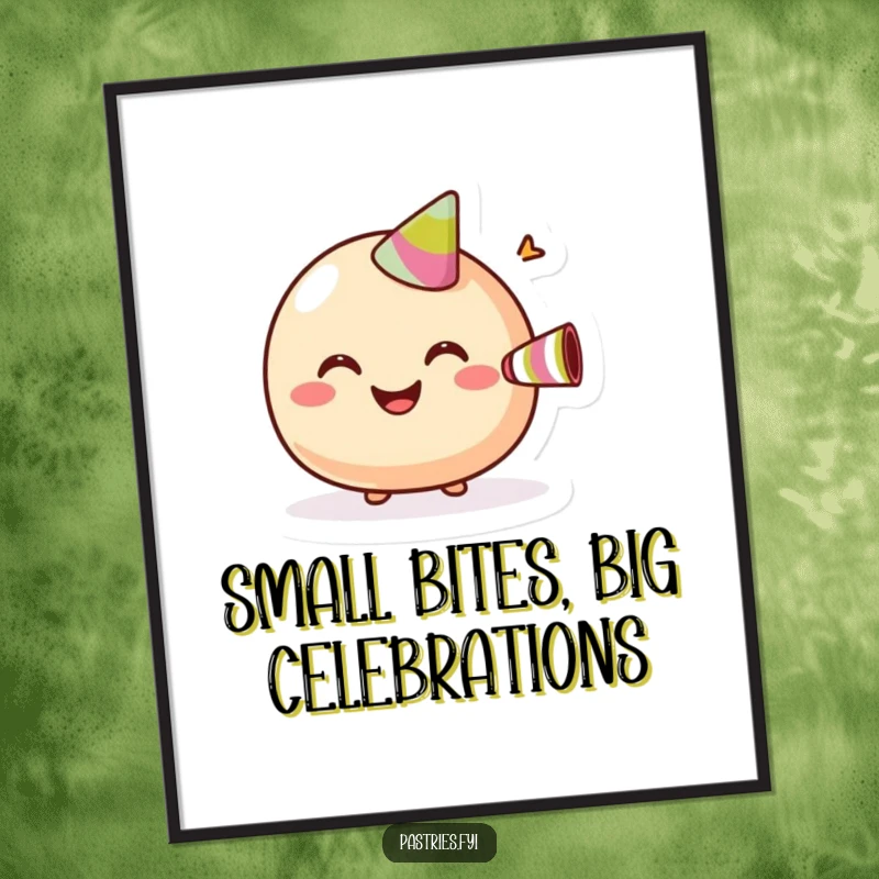 Funny free printable wall art: A giggling macaroon with a wide grin blowing a tiny party horn, a joyful piece.