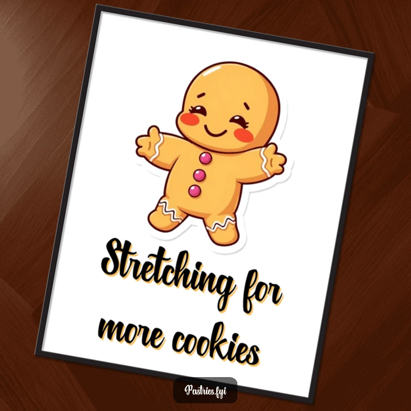 Funny Free Printable Wall Art: A chubby gingerbread man performing a wonderfully silly and exaggerated stretch.