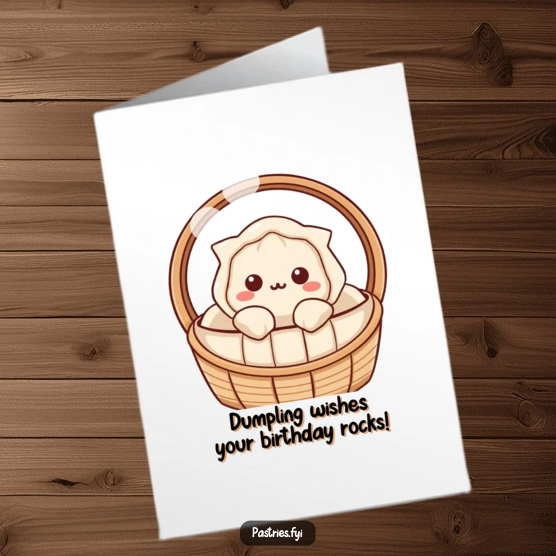 Cute Free Printable Birthday Card: A curious Kawaii dumpling peeking sneakily from a steaming basket, adding a playful touch.