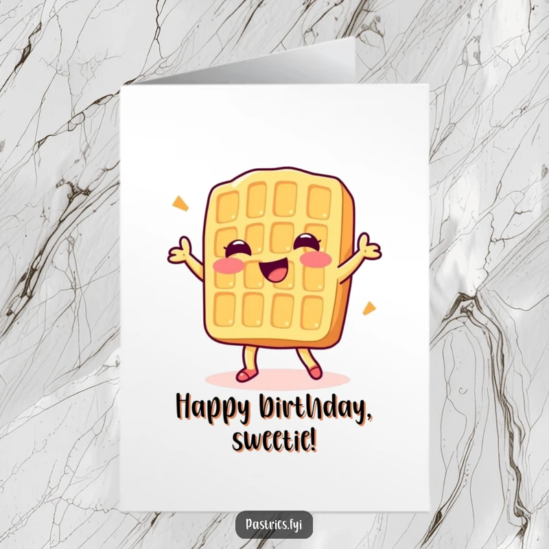 Funny Free Printable Birthday Card: A delighted waffle character doing a happy little dance, celebrating your special day.