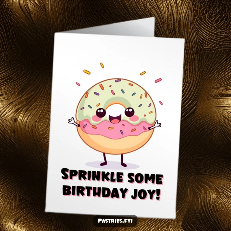 Funny Free Printable Birthday Card featuring a happy donut character expertly juggling colorful sprinkles, ready for a sweet celebration.