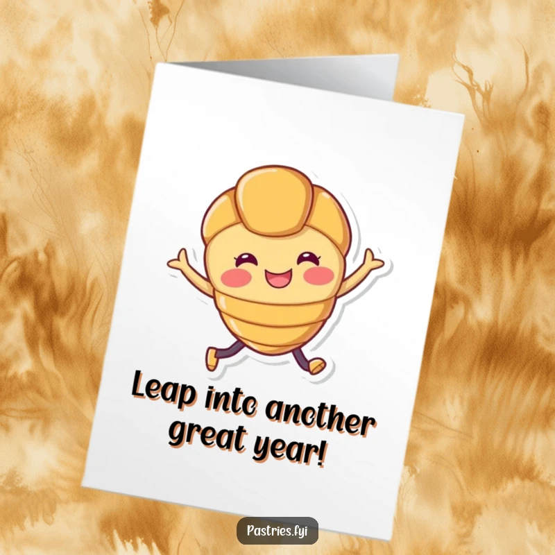 Funny Free Printable Birthday Card of a smiling croissant character with legs joyfully leaping with confetti.